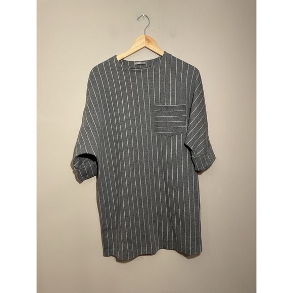 Zara Cotton Pinstripe Tunic Oversize Mini Dress Gray Dolman Sleeve Pocket Medium - Picture 2 of 6